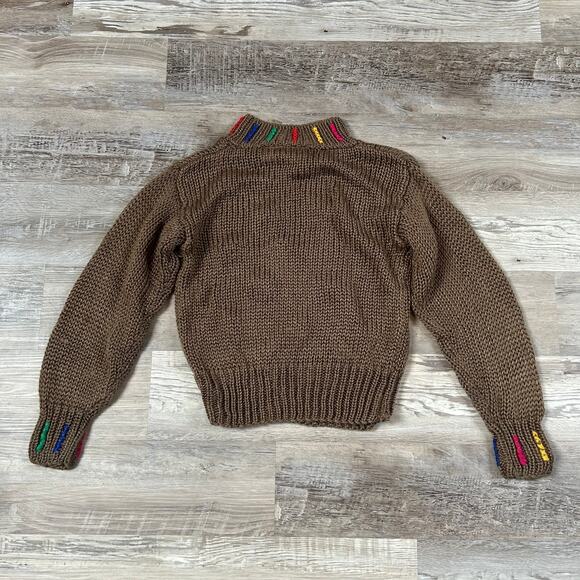 Vintage 90s Knit Sweater Brown Rainbow Nubby Pullover Chunky Acrylic M - Picture 5 of 8